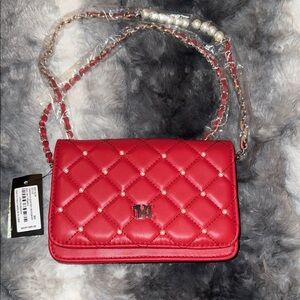 Badgley Mischka Red Quilted Women's Bag with Pearl Details
